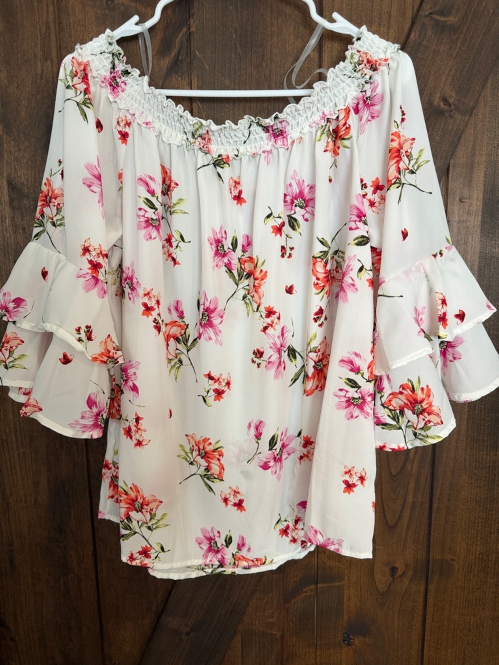 Vine & Love Pink Floral Off-Shoulder Blouse on Cream